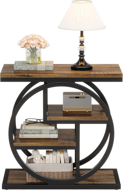 End Table for Living Room, 4-Tier Narrow Side Table with Storage Shelves, Industrial Bedside Table for Bedroom, Wood Small Sofa Side Table with Geometric Metal Frame (1 PC, Rustic Brown)