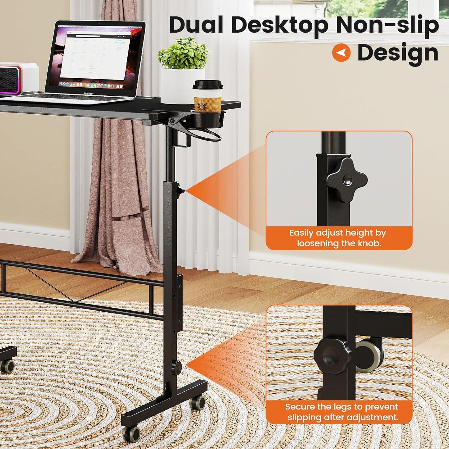 Small Standing Desk Adjustable Height, Mobile Stand up Desk with Wheels, Portable Walking Pad Table Stand, Rolling Laptop Cart for Standing or Sitting, Black