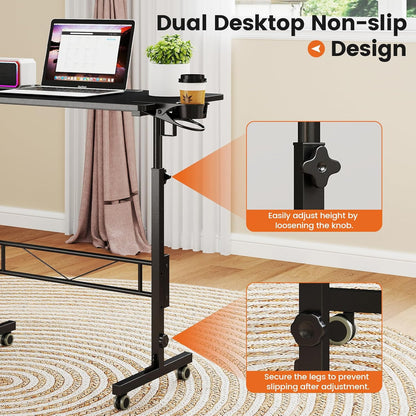 Small Standing Desk Adjustable Height, Mobile Stand up Desk with Wheels, Portable Walking Pad Table Stand, Rolling Laptop Cart for Standing or Sitting, Black