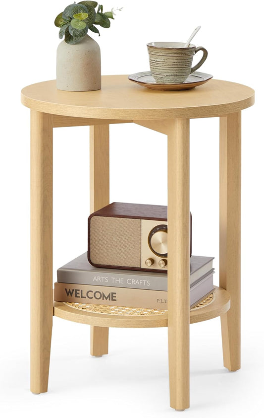 round Side End Table, 2-Tier Boho Bedside Table with Rattan-Look Storage Shelf, Nightstand for Small Spaces, for Living Room, Bedroom, Home Office, Oak Beige ULET296Y01