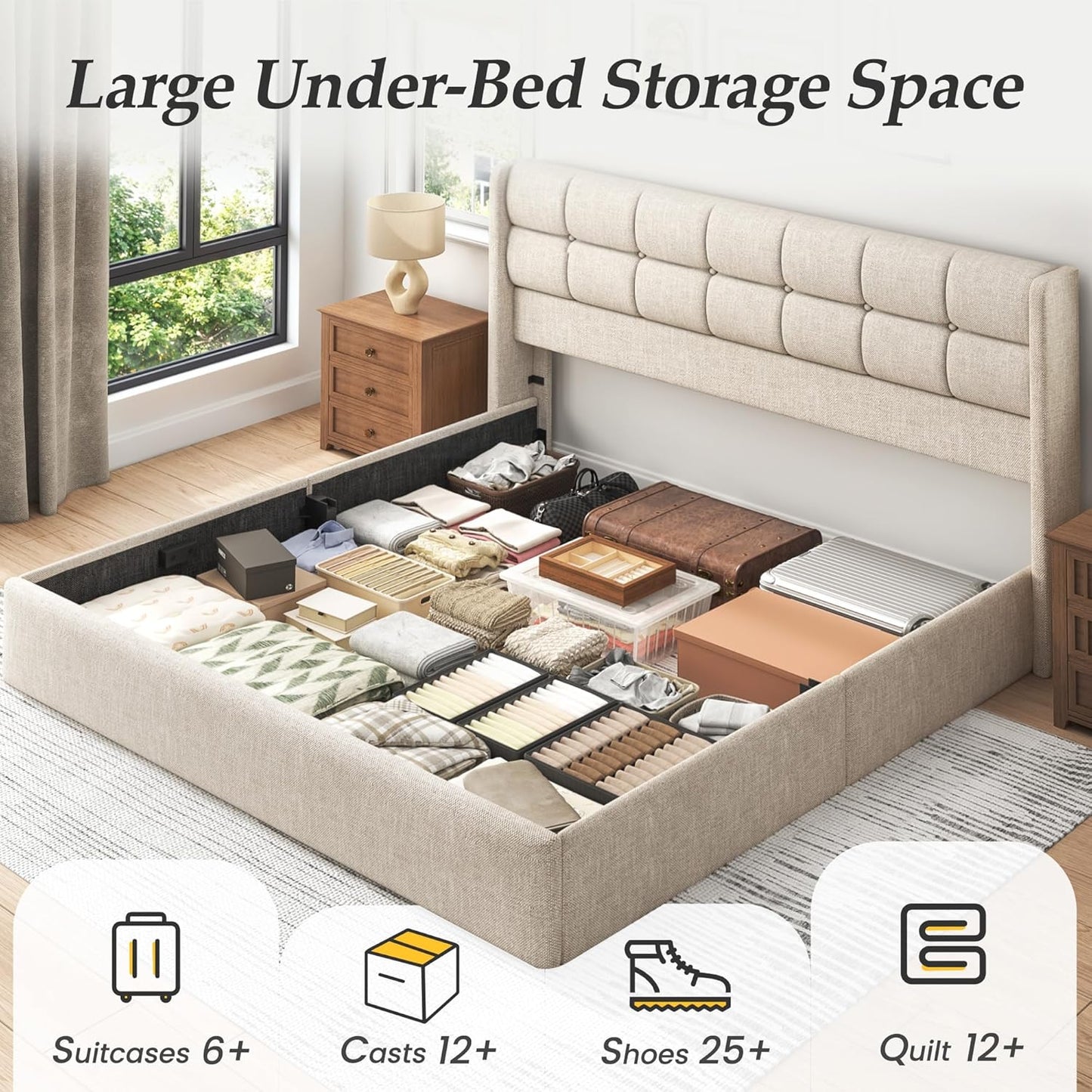 King Size Lift up Storage Bed Frame, Linen Upholstered King Platform with Button Tufted Wingback Headboard and Under-Bed Storage, Hydraulic Support, No Box Spring Needed, Noise Free, Beige