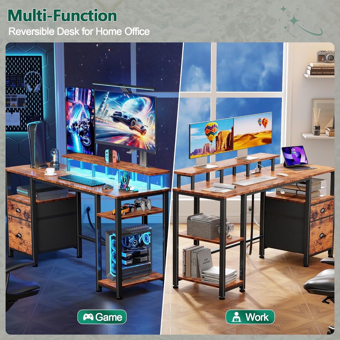 51" Computer Desk with Power Outlet and LED Lights, Reversible Home Office Desk with File Cabinet & Monitor Stand, Large Gaming Table with Storage Shelves & Drawer, Rustic Brown