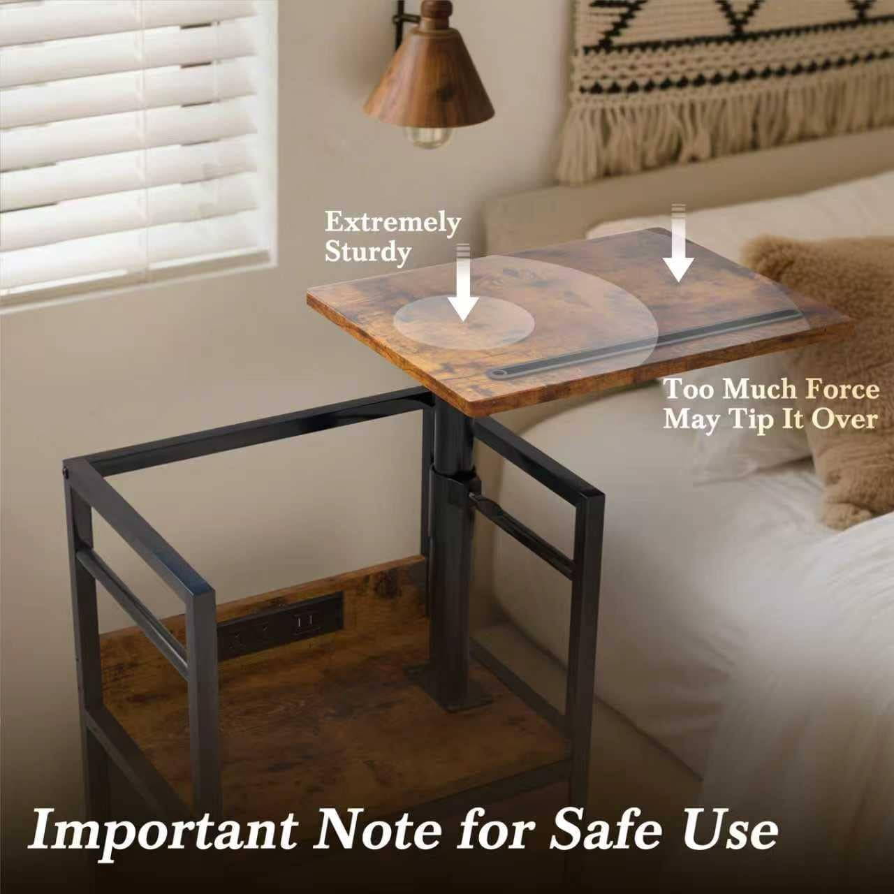 Swivel Lift Top Nightstand with Charging Station, 2-Tier 360° Adjustable Bedside Table, Rolling Night Stand with Wheels, Small End Table with Fabric Drawer, for Bedroom, Living Room, Rustic Brown