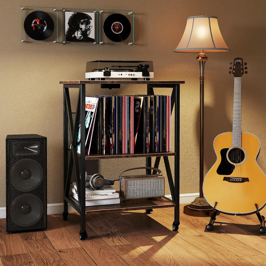 Record Player Stand with Charging Station, Turntable Stand with Adjustable Shelf, 4 Rolling Wheels, 3-Tier End Table Vinyl Record Storage Table for Living Room, Bedroom, Rustic Brown