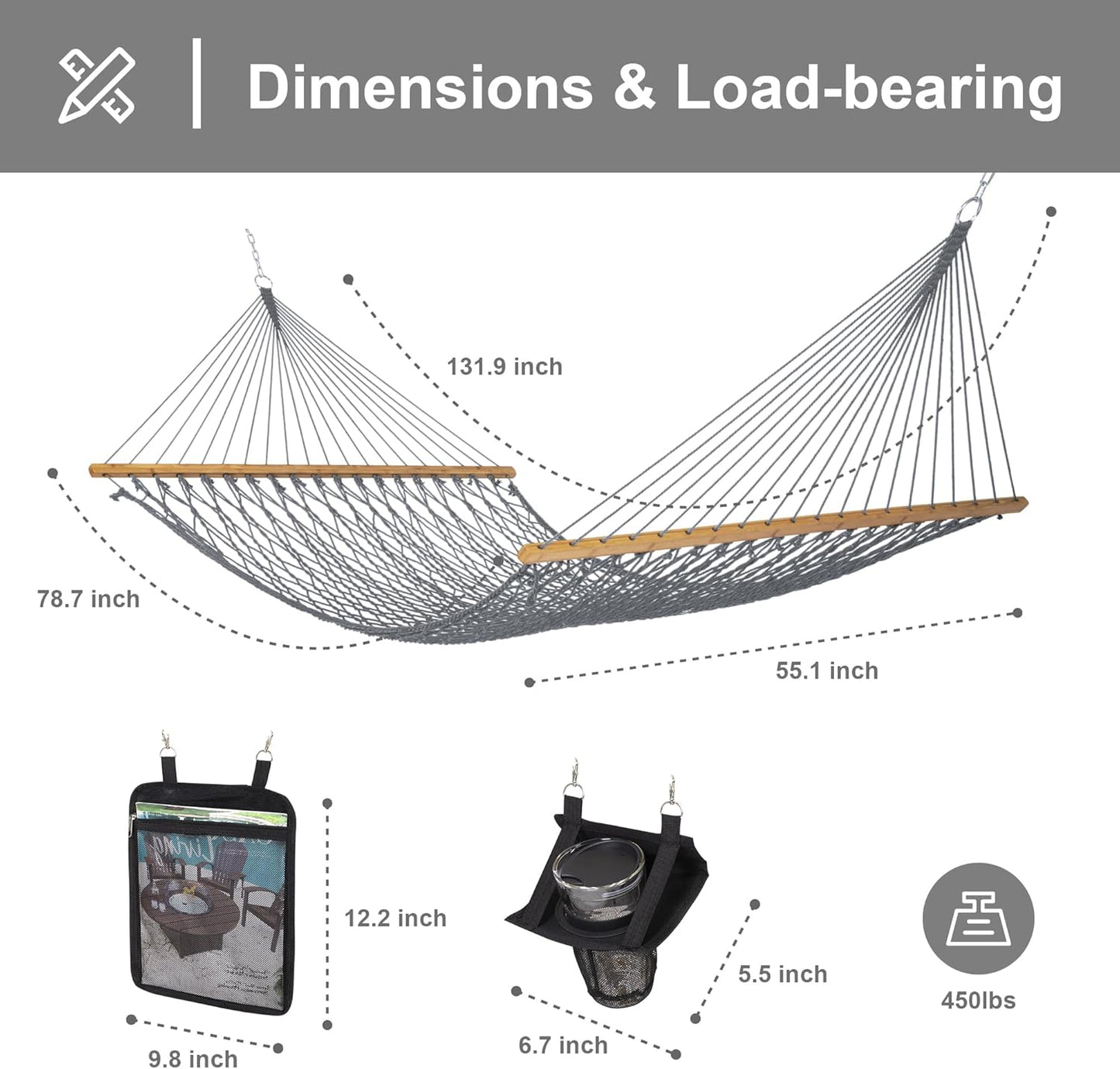 Double Outdoor Hammock, Polyester Rope Hammock with Strong Spreader Bar, Gray