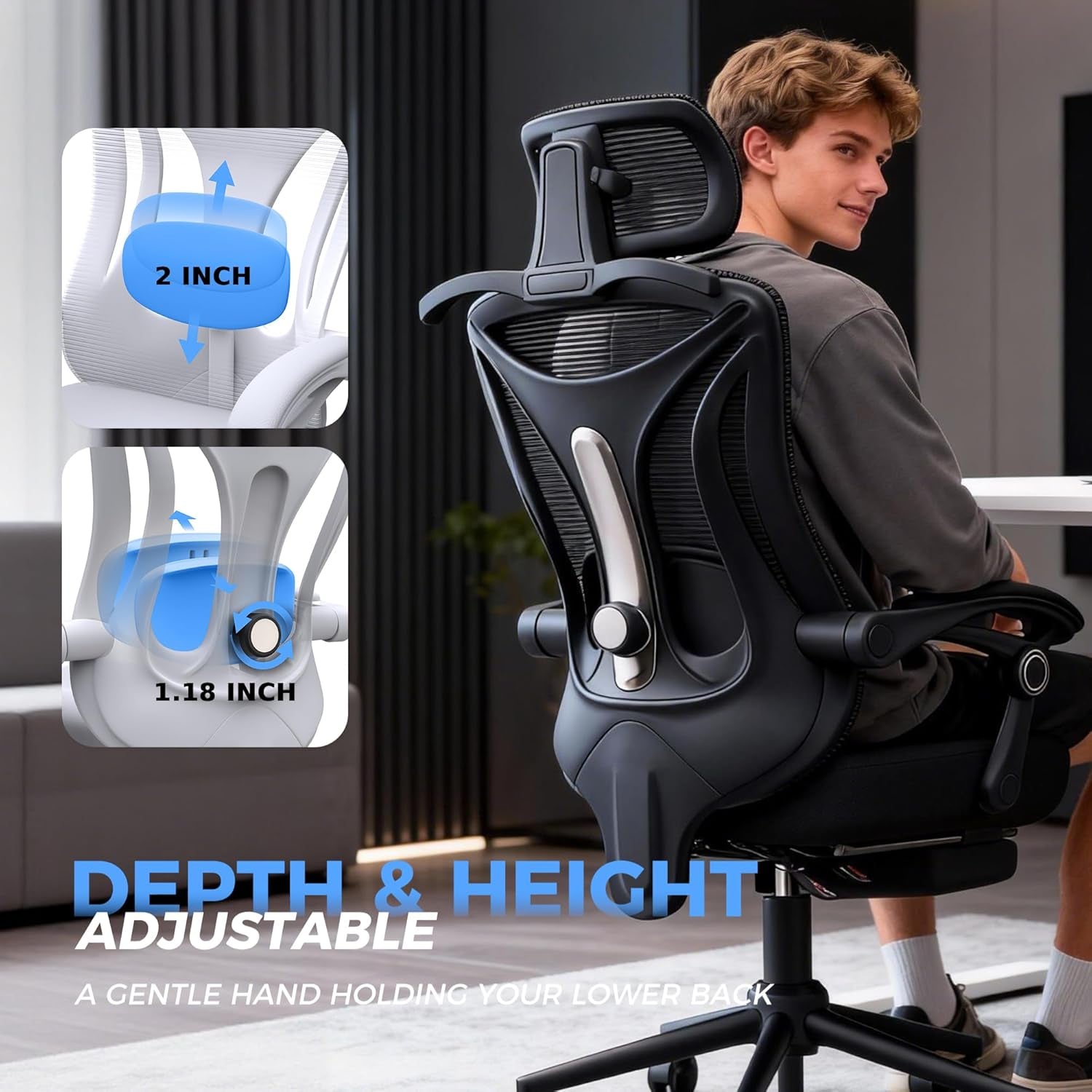 Ergonomic Office Chair with Footrest - Adjustable Lumbar Support & Headrest, 90-160° Reclining Mesh Back Computer Chair - Home Office/Gaming, 350Lbs Capacity