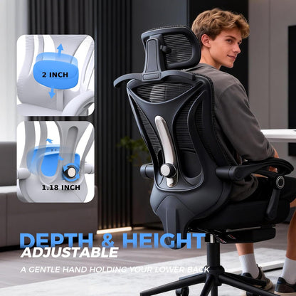 Ergonomic Office Chair with Footrest - Adjustable Lumbar Support & Headrest, 90-160° Reclining Mesh Back Computer Chair - Home Office/Gaming, 350Lbs Capacity