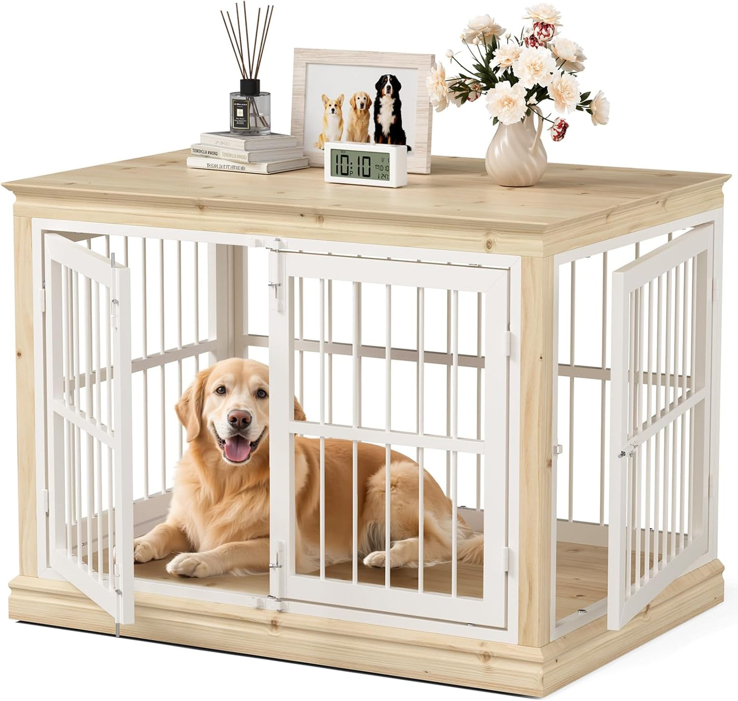 Dog Crate Furniture for Dogs - 42Inch Large Dog Crate Sideboard and TV Stand, Solid Wood Chew-Proof and Silent Latches Design for Large and Medium Dogs, Wood Dog Kennel-(White+Natural)