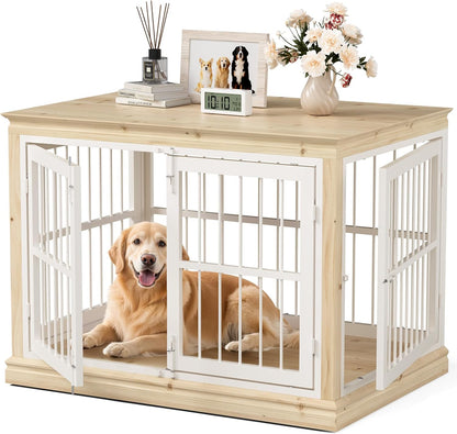 Dog Crate Furniture for Dogs - 42Inch Large Dog Crate Sideboard and TV Stand, Solid Wood Chew-Proof and Silent Latches Design for Large and Medium Dogs, Wood Dog Kennel-(White+Natural)