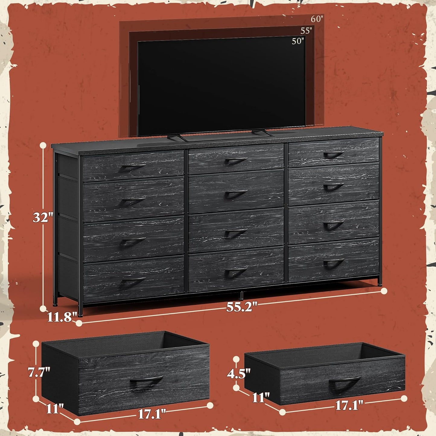 55" Long Dresser for Bedroom with 12 Fabric Drawers, Entertainment Center for 60 Inch TV Dressers & Chests of Drawers Large Organizer, Living Room, Metal Frame, Wood Top, Black