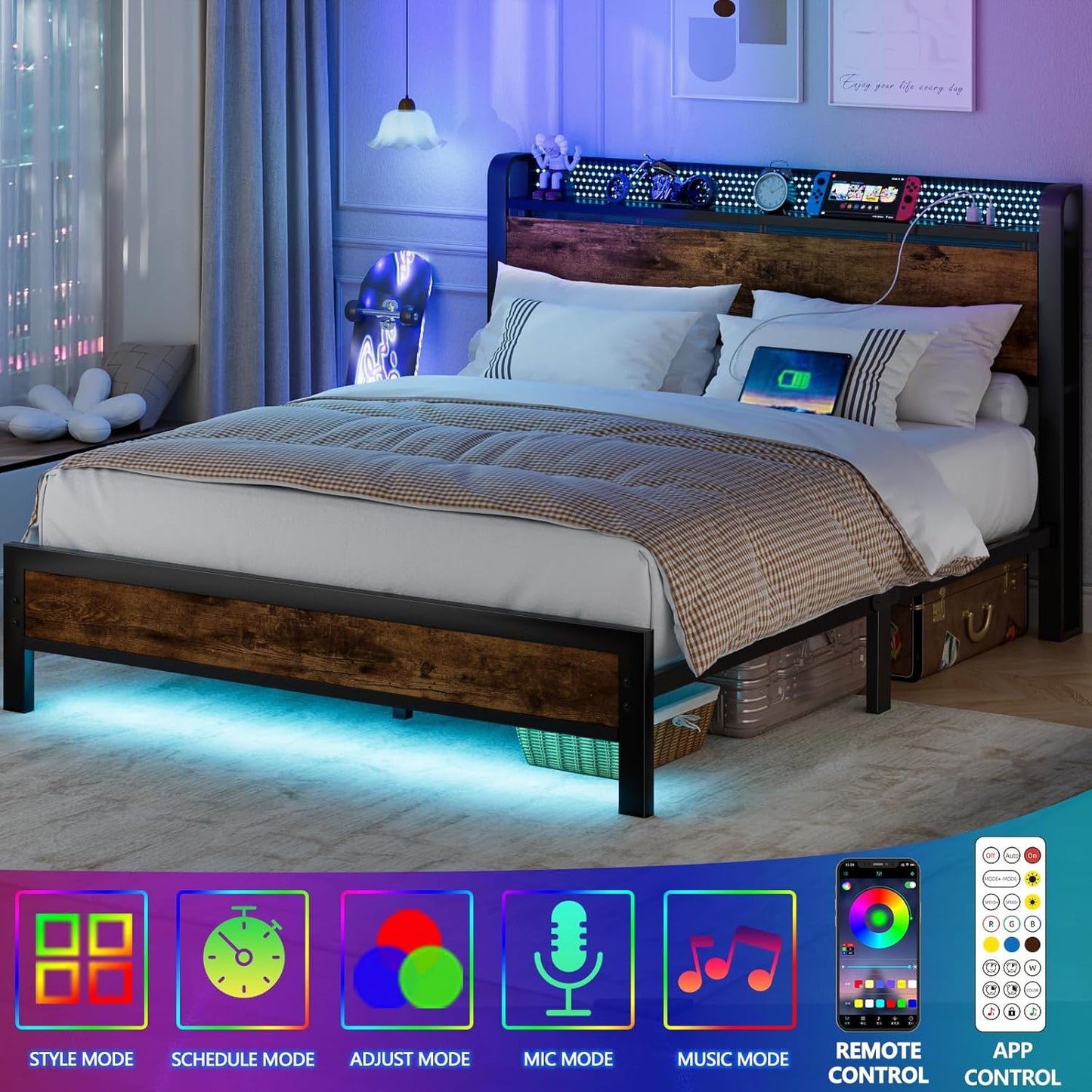 Queen Bed Frame with Headboard Storage, Bed Frame Queen Size with Charging Station and LED Lights No Box Spring Needed,Heavy Duty Steel Slats,Noise Free
