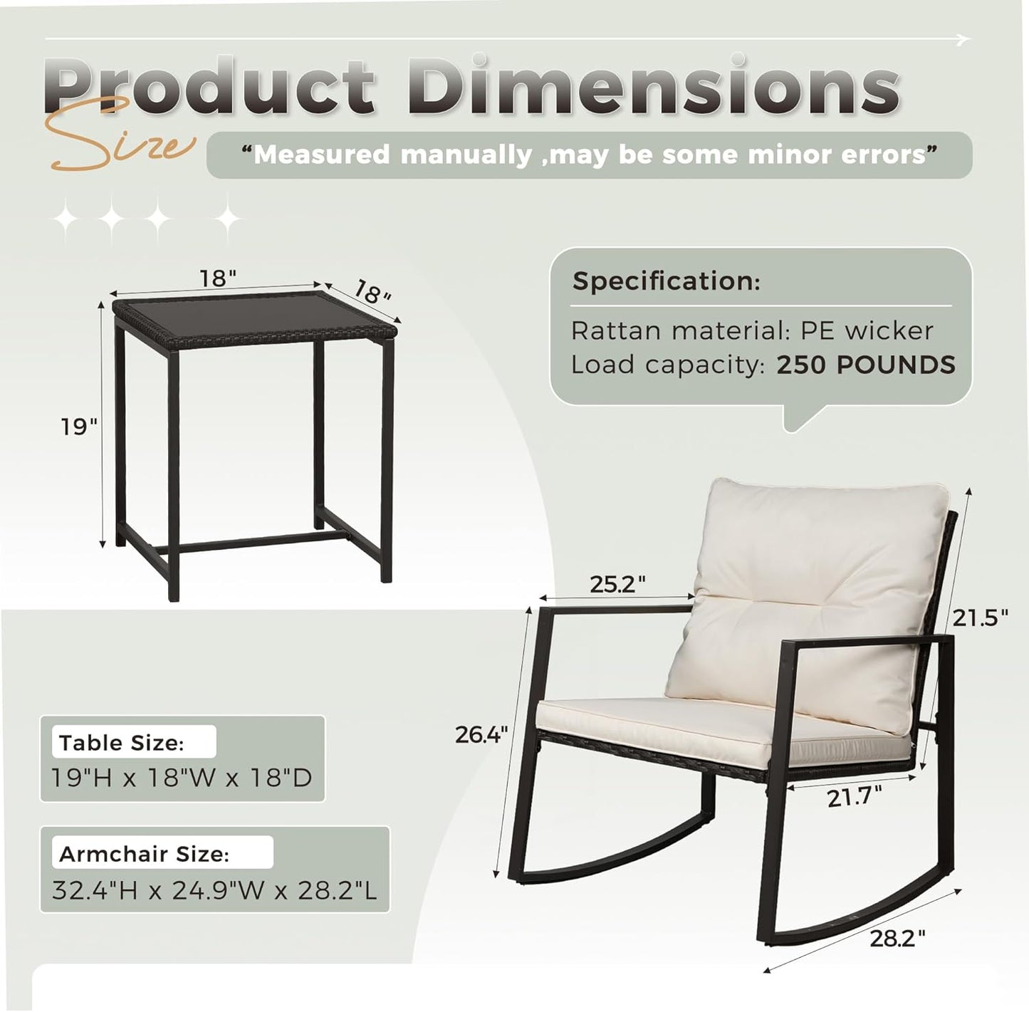 3 Piece Outdoor Rocking Bistro Set Black Wicker Furniture Porch Chairs Conversation Sets with Glass Coffee Table, Beige