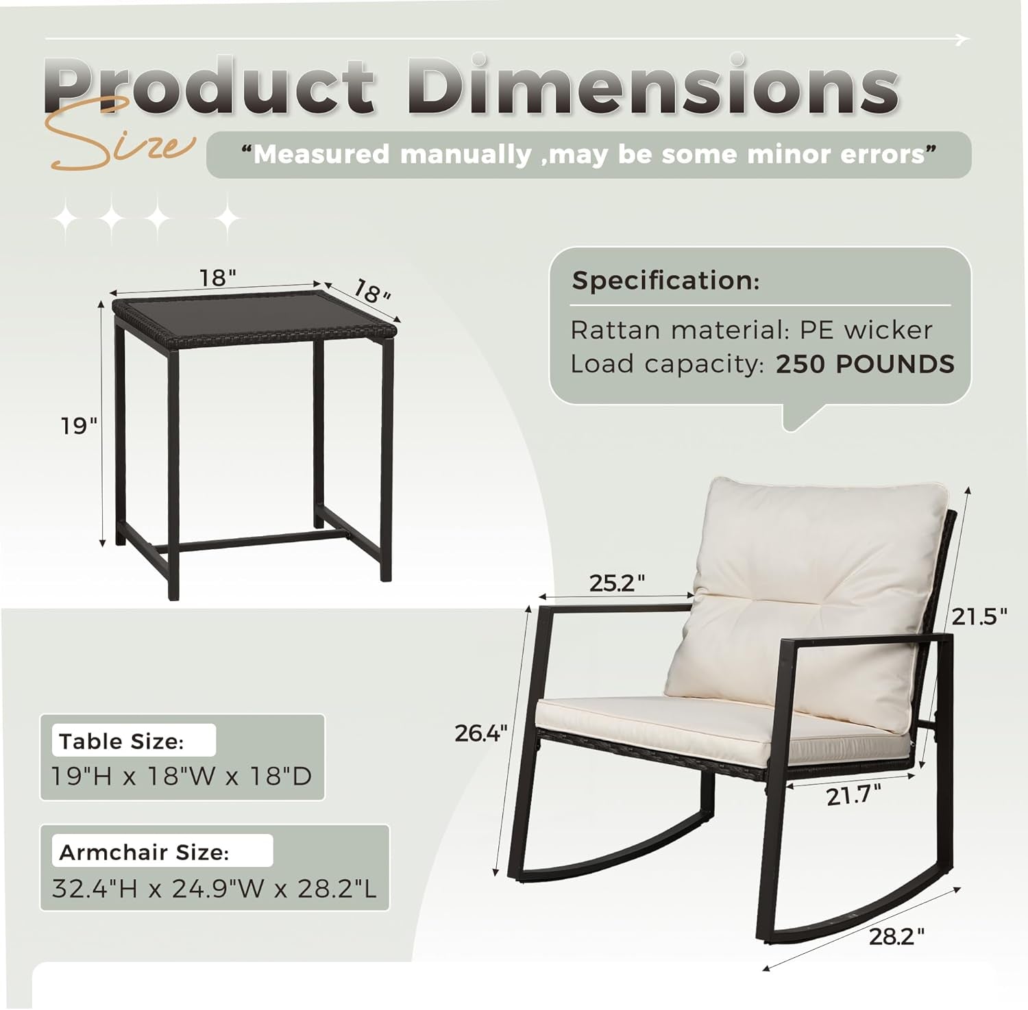 3 Piece Outdoor Rocking Bistro Set Black Wicker Furniture Porch Chairs Conversation Sets with Glass Coffee Table, Beige