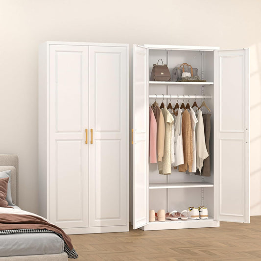 Metal Wardrobe Cabinets，Armoire Wardrobe Closet with Hanging Rod,Clothes Storage Cabinet with Adjustable Shelves and Doors, Clothing Cabinet for Bedroom, Office, Laundry Room
