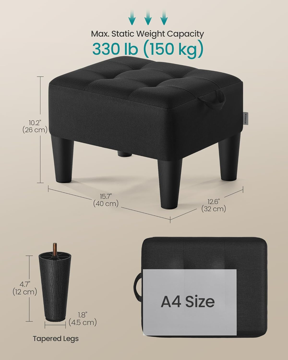 Foot Stool with Legs, Small Footstool Ottoman, Linen-Look Fabric Seat with Thick Cushion, for Living Room, Bedroom, Entryway, 330 Lb Weight Capacity, Ink Black ULOM502B01