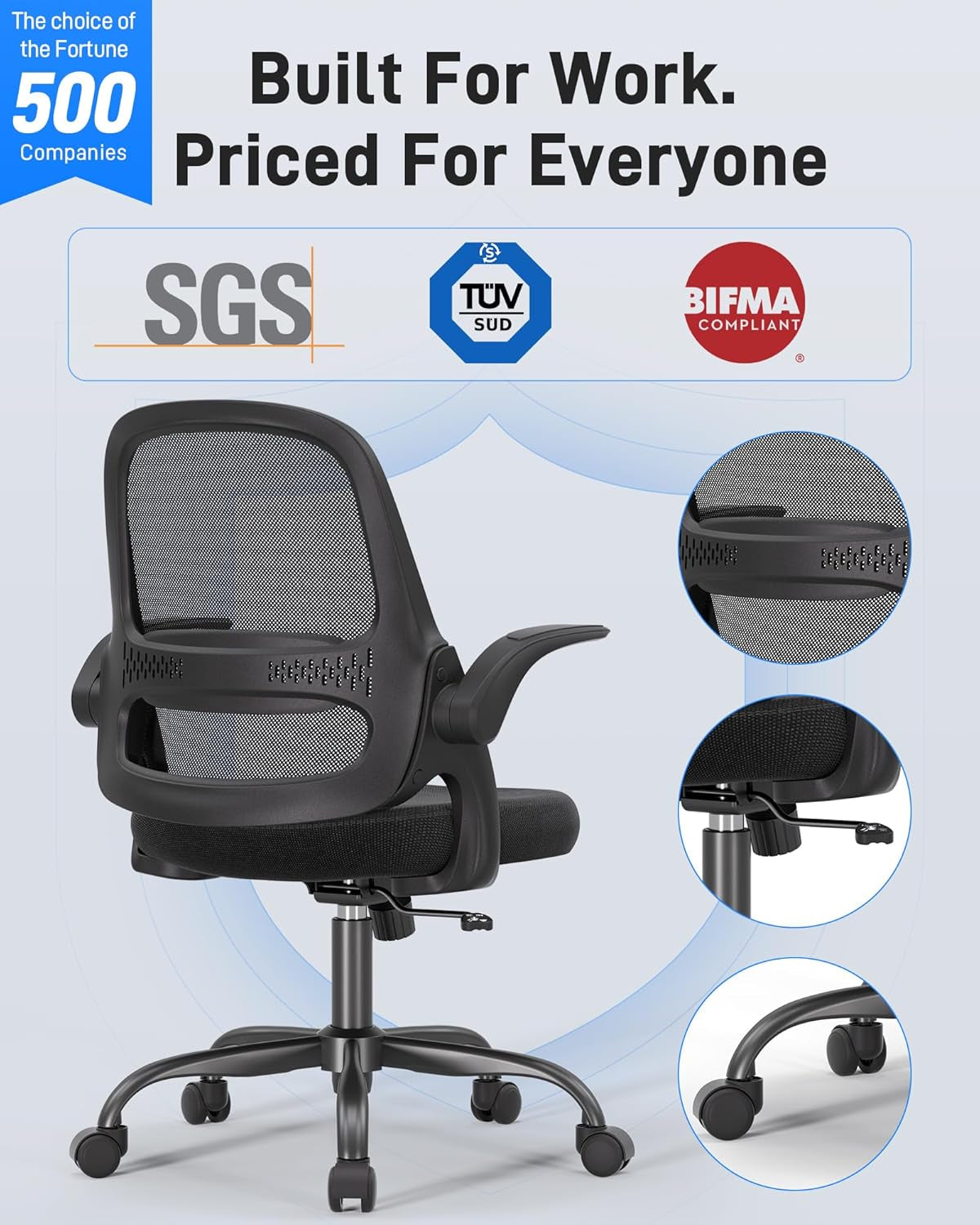 Ergonomic Mesh Office Chair for Home Office, Flip-Up Arms, Breathable Mesh Back & Thick Seat Cushion, Swivel Rolling Computer Desk Chair, BIFMA Certified, Supports 300 Lbs (Black Frame/Black Seat)