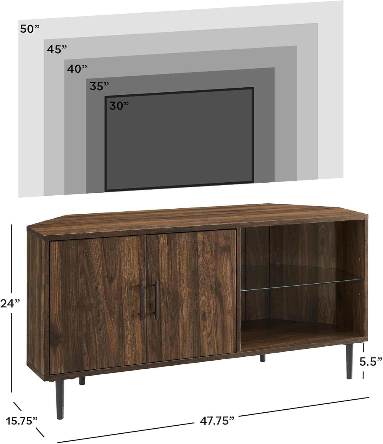 2 Door Glass Shelf Corner Stand Console, Fits Tvs up to 55", 48, Dark Walnut