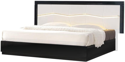 Modern Eastern King Bedroom 4Pc Set, LED Lighting, Gloss Lacquer Finish Wood Bed Set with Storage, Black/White