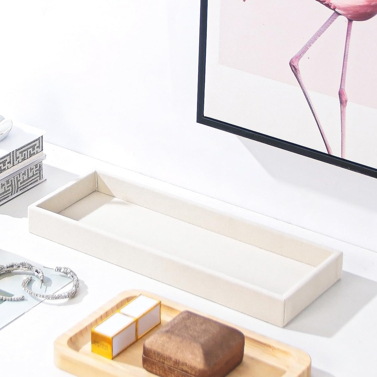 2Pcs Desk Drawer Storage Tray, Nightstand Organizer, Jewelry Display for Necklace, Bracelet, Ring, Earring, Grid Table Organizer Holder for Sunglass, Phone, Watch, Perfume (1 Grid)/Beige