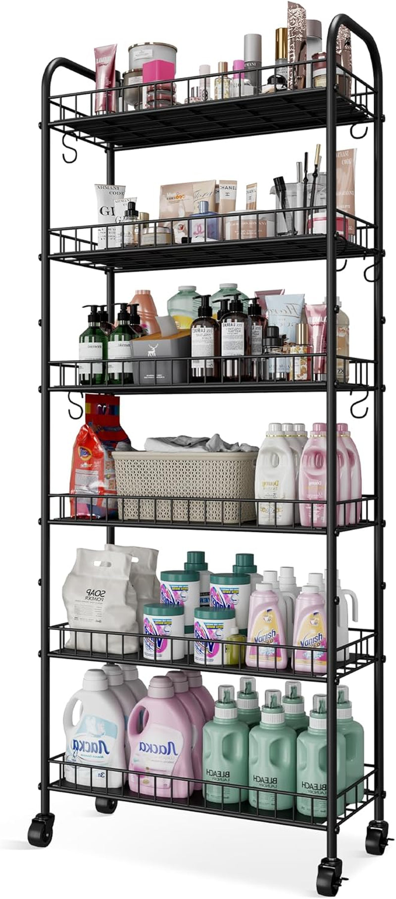 6 Tier Slim Storage Cart with Wheels, Metal Mobile Shelving Unit Organizer Utility Cart for Office Bathroom Kitchen Laundry Room Narrow Places (10Inches)