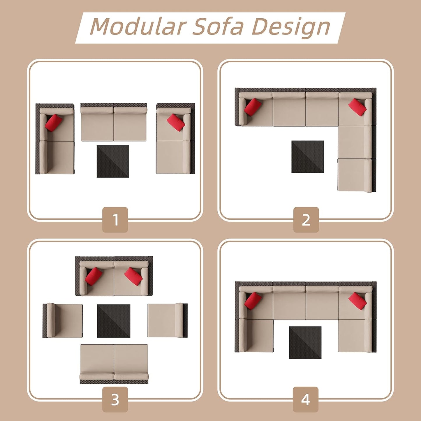 7 Pieces Patio Furniture Sets Outdoor All-Weather Sectional Patio Sofa Set PE Rattan Manual Weaving Wicker Patio Conversation Set with Glass Table&Ottoman Cushion and Red Pillows, Beige