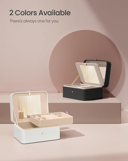 Jewelry Box Organizer with Mirror, 2-Layer Jewelry Holder Case, Removable Tray, 6.9 X 8.7 X 4.3 Inches, Earring Necklace Storage, Gift Idea, Cloud White UJBC200W01