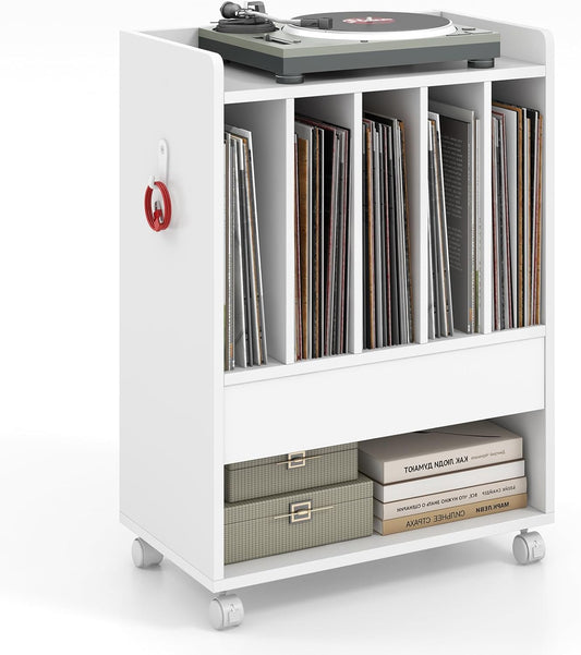 Record Player Stand, Rolling Turntable Stand with Drawer & Lockable Wheels, Record Player Table Holds up to 150 Albums, Vinyl Record Storage for Living Room Bedroom, White