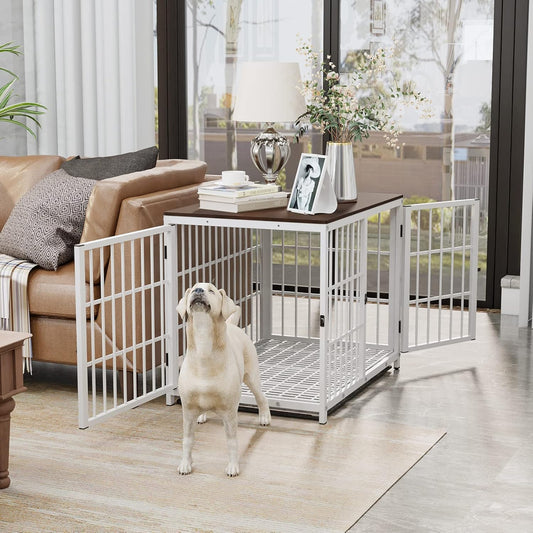 Heavy Duty Dog Crate Furniture: 42Inch Wooden Side Table Metal Cage with Three Doors and Removable Tray - Xlarge Indoor Pet Sturdy House with Wire Mesh Bottom Modern Dog Cabinet for Medium Large Dogs