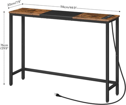 Narrow Console Table with Power Outlets, 44.9 Inches Sofa Table, Slim behind Couch Table, Entryway Table with Display Shelf, for Living Room, Foyer, Hallway, Rustic Brown and Black BF114UXG01