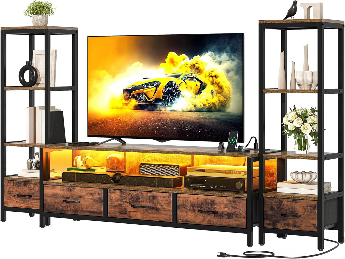 TV Stands for 65 Inch TV Entertainment Center with 2 Industrial 4-Tier Bookshelves, LED TV Stands for Living Room, Modern Farmhouse TV Console Cabinet with Power Outlets, Rustic Brown