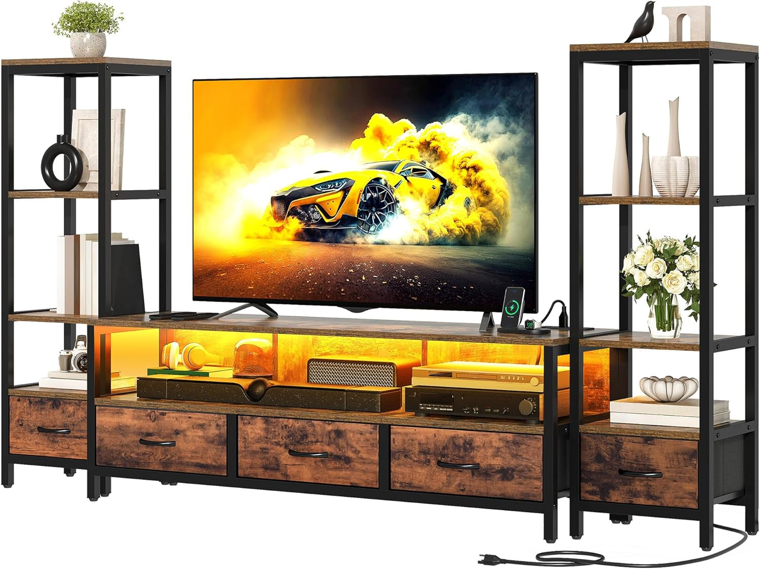 TV Stands for 65 Inch TV Entertainment Center with 2 Industrial 4-Tier Bookshelves, LED TV Stands for Living Room, Modern Farmhouse TV Console Cabinet with Power Outlets, Rustic Brown