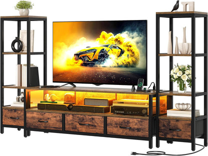 TV Stands for 65 Inch TV Entertainment Center with 2 Industrial 4-Tier Bookshelves, LED TV Stands for Living Room, Modern Farmhouse TV Console Cabinet with Power Outlets, Rustic Brown