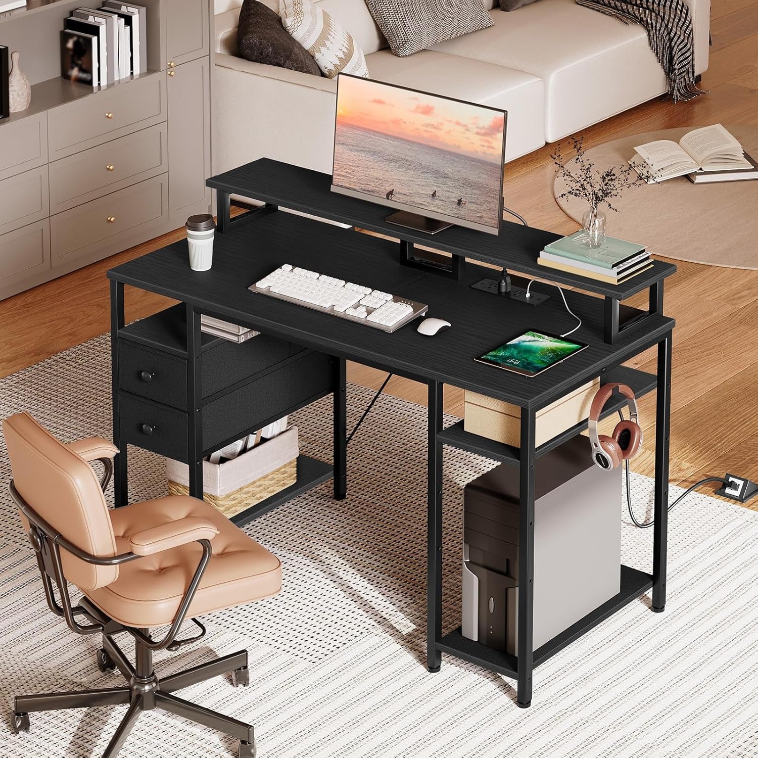 47 Inch Gaming Desk with LED Lights & Power Outlets, Computer Desk with Monitor Stand and Drawers, Gaming Table with Storage Shelves for Home Office, Study, Working, Black BB47UDDN01