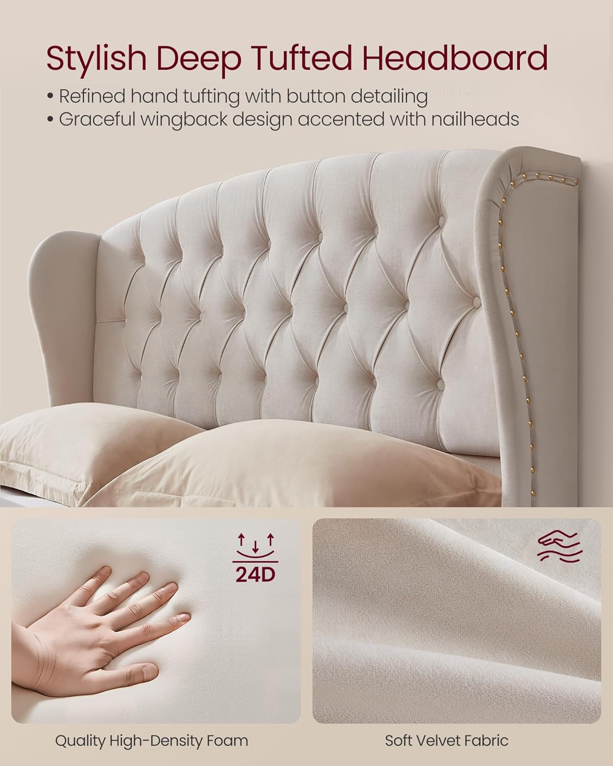 Queen Bed Frame with Tall Headboard, Upholstered Platform Bed Frame Queen Size, with Wingback Tufted Headboard and Footboard, Wooden Slats, No Box Spring Needed, Cappuccino Beige URMB881W01