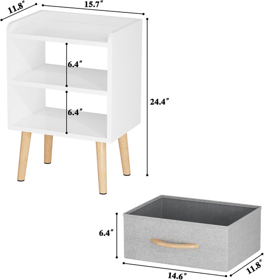 White Night Stand with Drawer, Mid Century Modern Bedside Table, Sturdy Wood Nightstand with Open Storage Shelf, Small Bedside Table for Bedroom, Kids Room & Small Spaces.