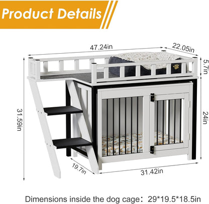 Dog Crate Furniture, Pet Bunk Bed with Stairs and Storage, Dogs/Cats Window Perch, with Multi-Purpose Blanket and Fluffy Dog Bed for Small Medium Size