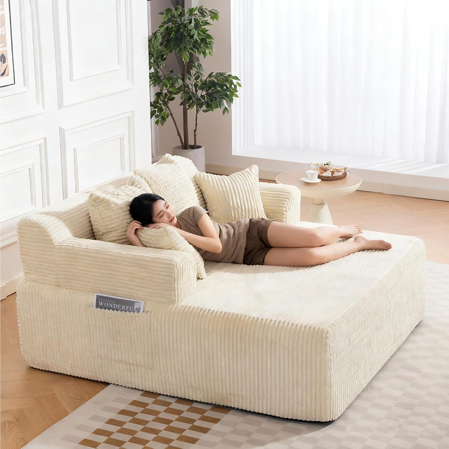 58" Chaise Lounge Chair Indoor, Beige - Oversized Corduroy Boneless Sleeper Sofa Bed with Armrests and 4 Pillows, No Assembly for Living Room