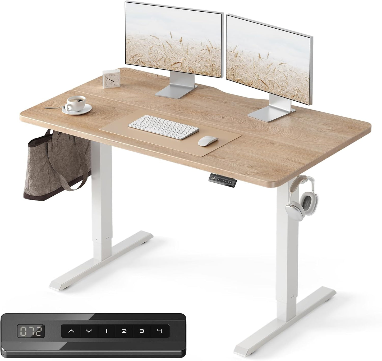 Standing Desk, 48 × 24 Inches Electric Height Adjustable, Sit and Stand Up, Computer Office Desk with Splice Board, White Frame/Maple TOP