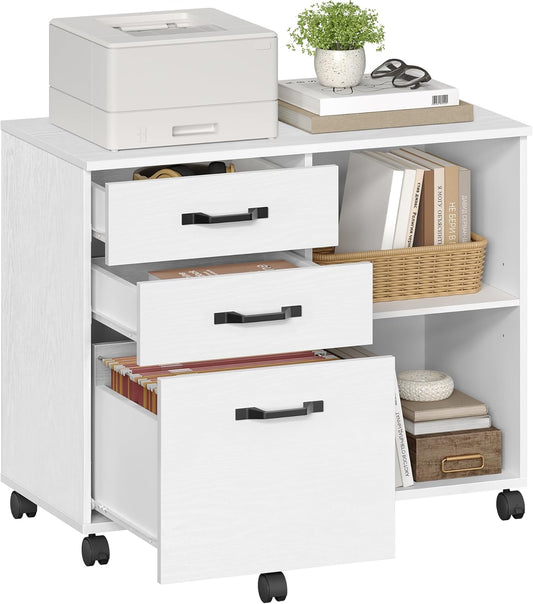 Lateral File Cabinet, Home Office Printer Stand, 3-Drawer Mobile Filing Cabinet with Open Storage Shelves, for A4, Letter-Size Files, White with Wood Grain UOFC041W46