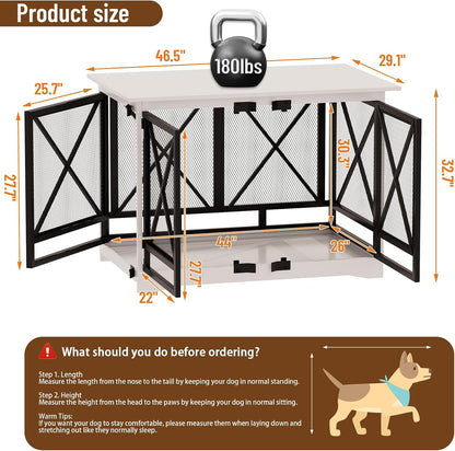 Large Dog Crate Furniture - 48 Inch Heavy Duty Dog Kennel Indoor for Xlarge Breed with Double Doors, Wooden Dog Cage XL Modern Decorative End Table Pet House (White)