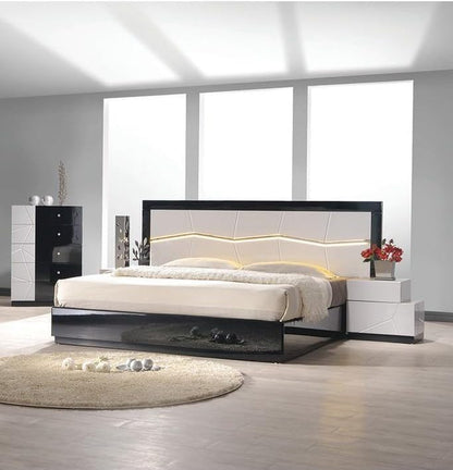 Modern Eastern King Bedroom 4Pc Set, LED Lighting, Gloss Lacquer Finish Wood Bed Set with Storage, Black/White