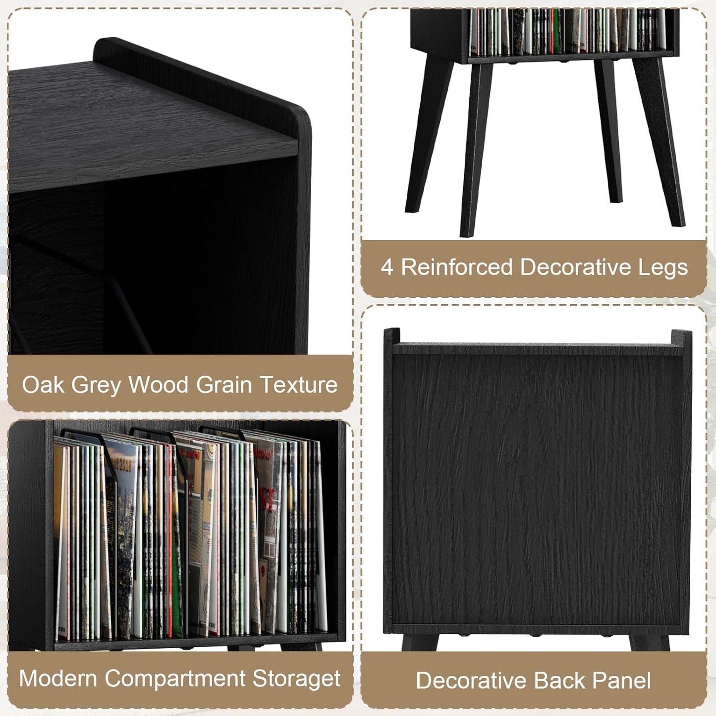 Record Player Stand – Mid-Century Vinyl Record Storage Stand Holds up to 160 Albums, Small Space Record Player Organizer Shelf with Wood Legs, Turntable Stand for Living Room, Bedroom