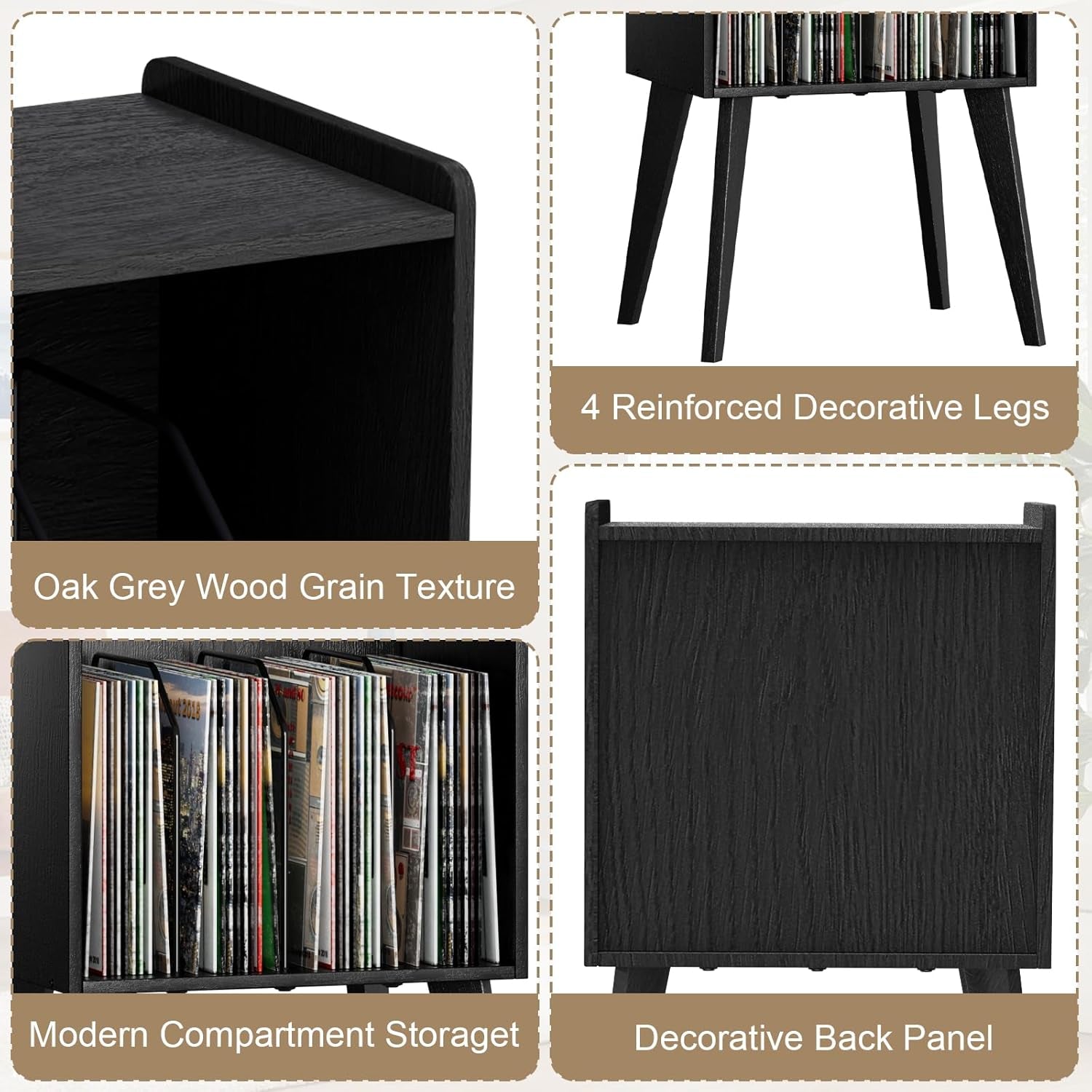 Record Player Stand – Mid-Century Vinyl Record Storage Stand Holds up to 160 Albums, Small Space Record Player Organizer Shelf with Wood Legs, Turntable Stand for Living Room, Bedroom