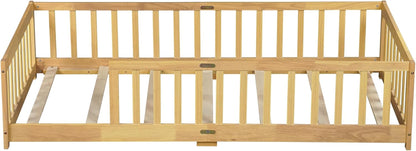 Twin Size Montessori Toddler Floor Bed with Wood Slats for Girls and Boys, Wood Montessori Bed Frame with Safety Guardrails, No Box Spring Needed, Natural