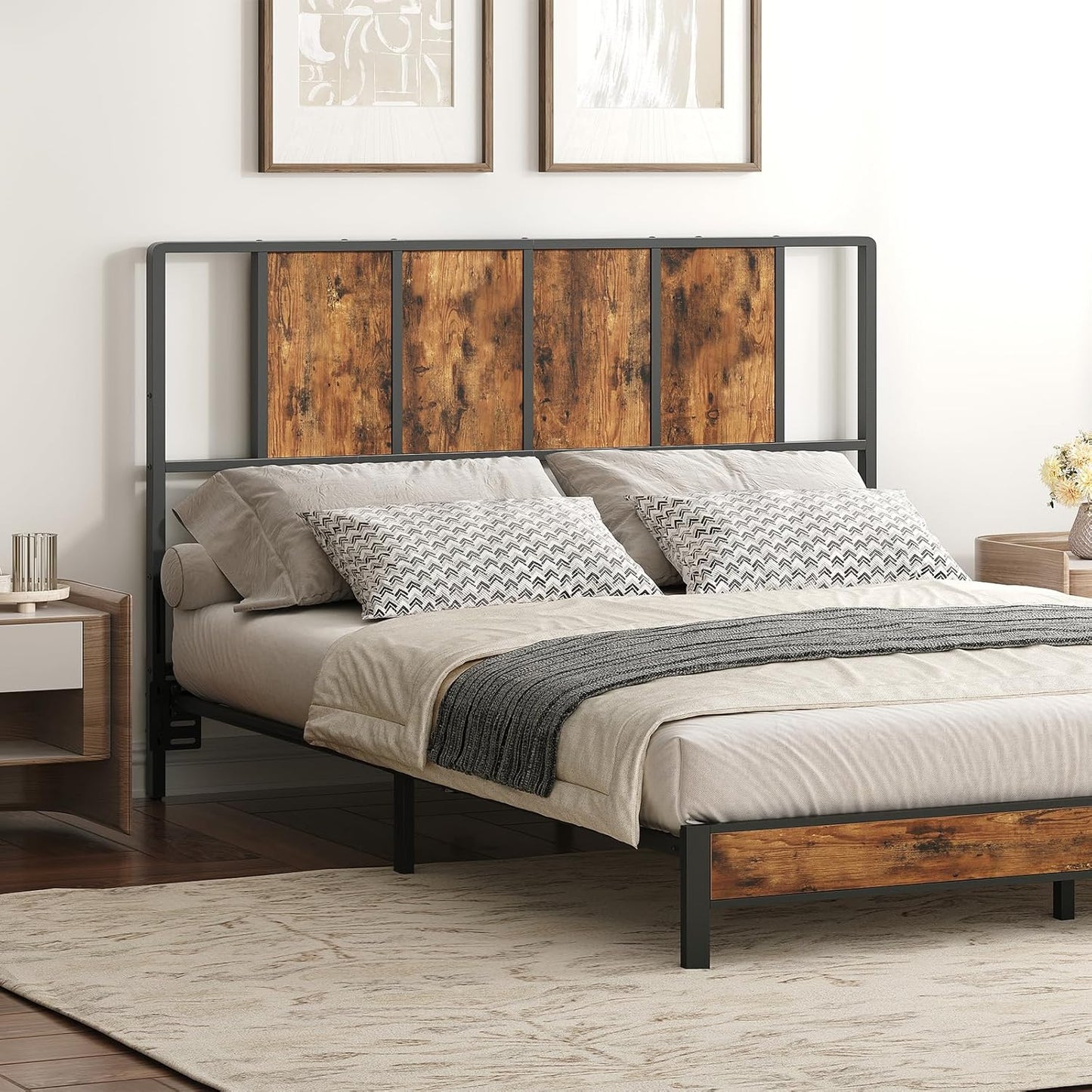 Queen Size Headboard Only, Metal Headboard with Adapters, Minimalist Industrial Style for Queen Size Beds, Rustic Brown and Black