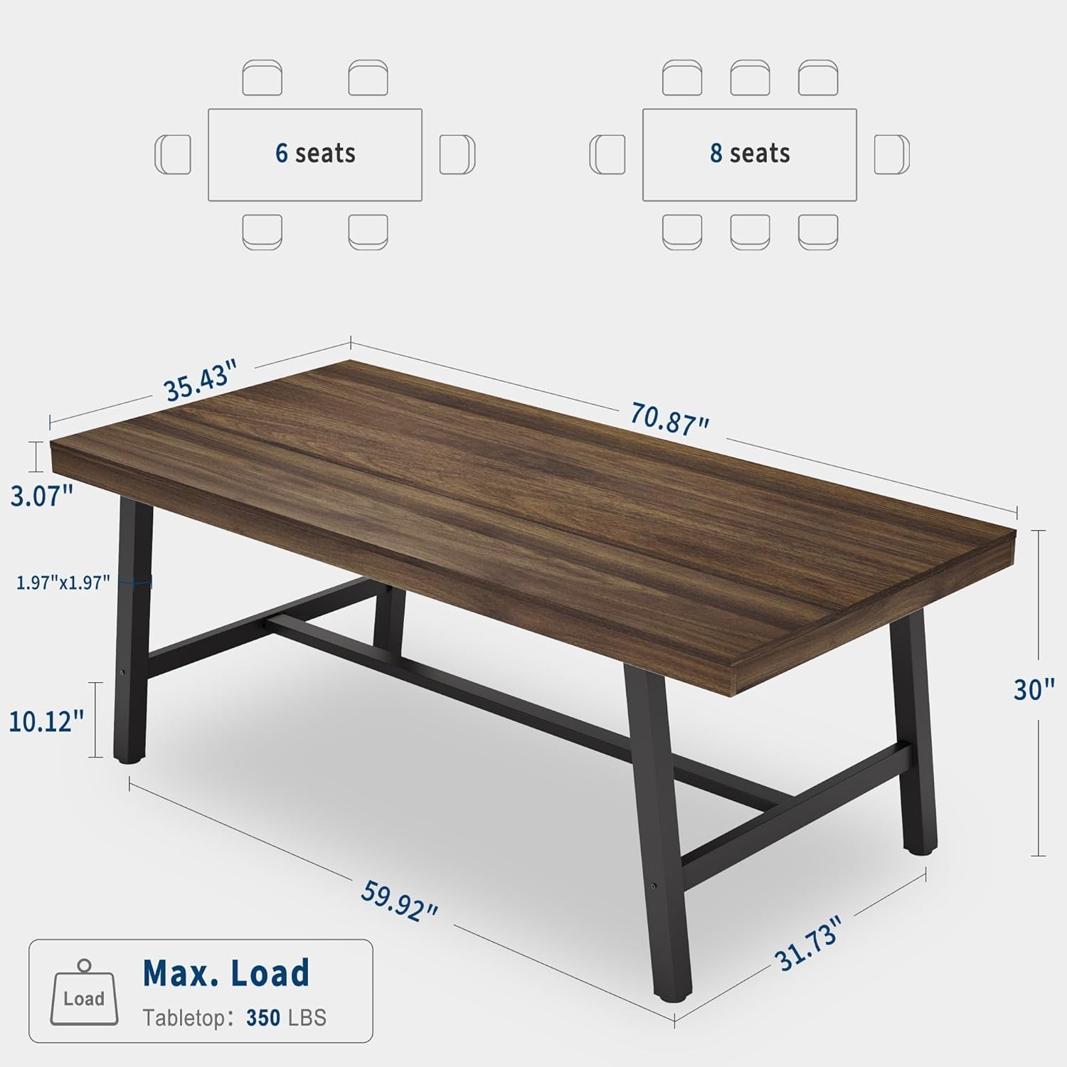 Industrial Dining Table for 6-8 People, 70.87" Long Wooden Kitchen Table with Sturdy Metal Frame & Rustic Brown Finish (Brown, 70.87" Long)