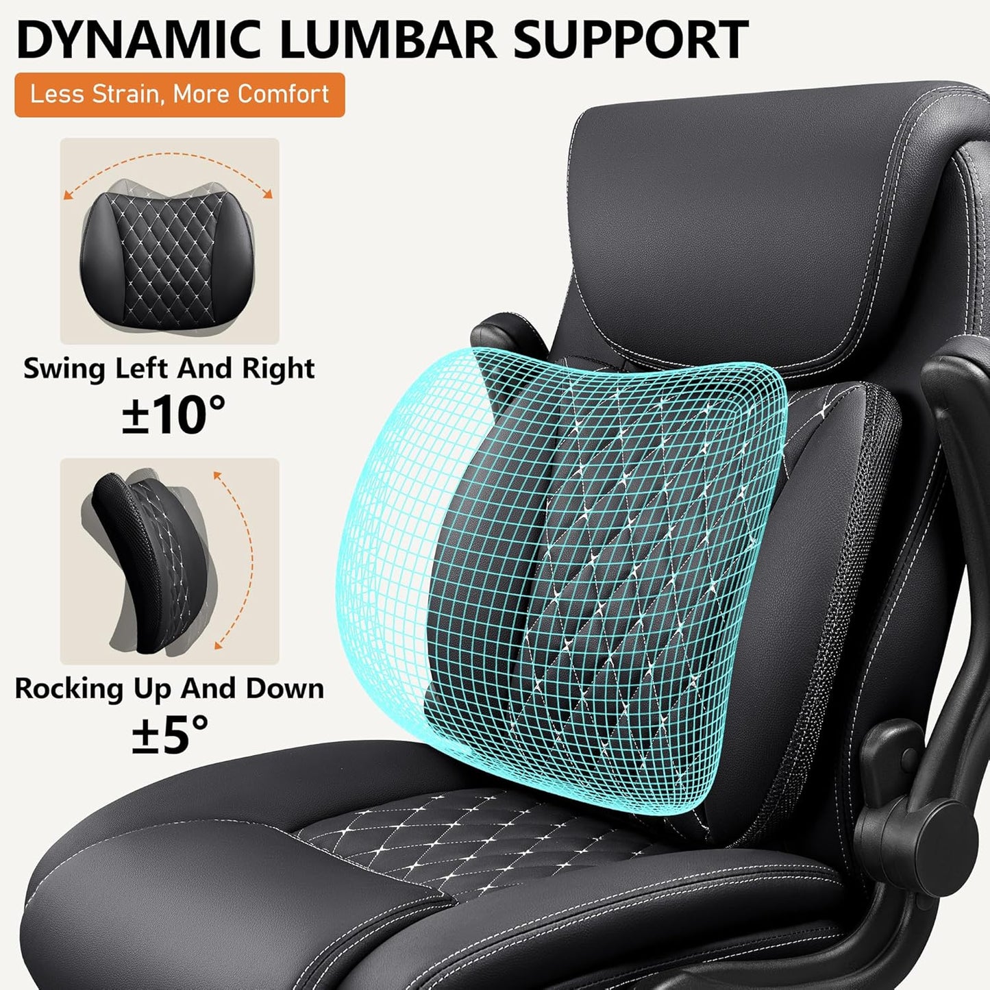 Office Chair,Ergonomic Office Chair with Lumbar Support for Lower Back Pain Relief, Executive Leather Chair with Padded Flip-Up Arms, Wheels and Adjustable Armrests, Black