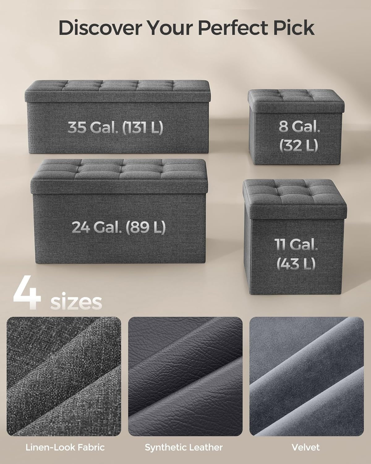 Mazie Collection - Small Folding Storage Ottoman, Foot Rest Stool, 12.2 X 16.1 X 12.2 Inches, 286 Lb Load Capacity, for Living Room, Bedroom, Home Office, Dorm, Dark Gray ULSF102G01