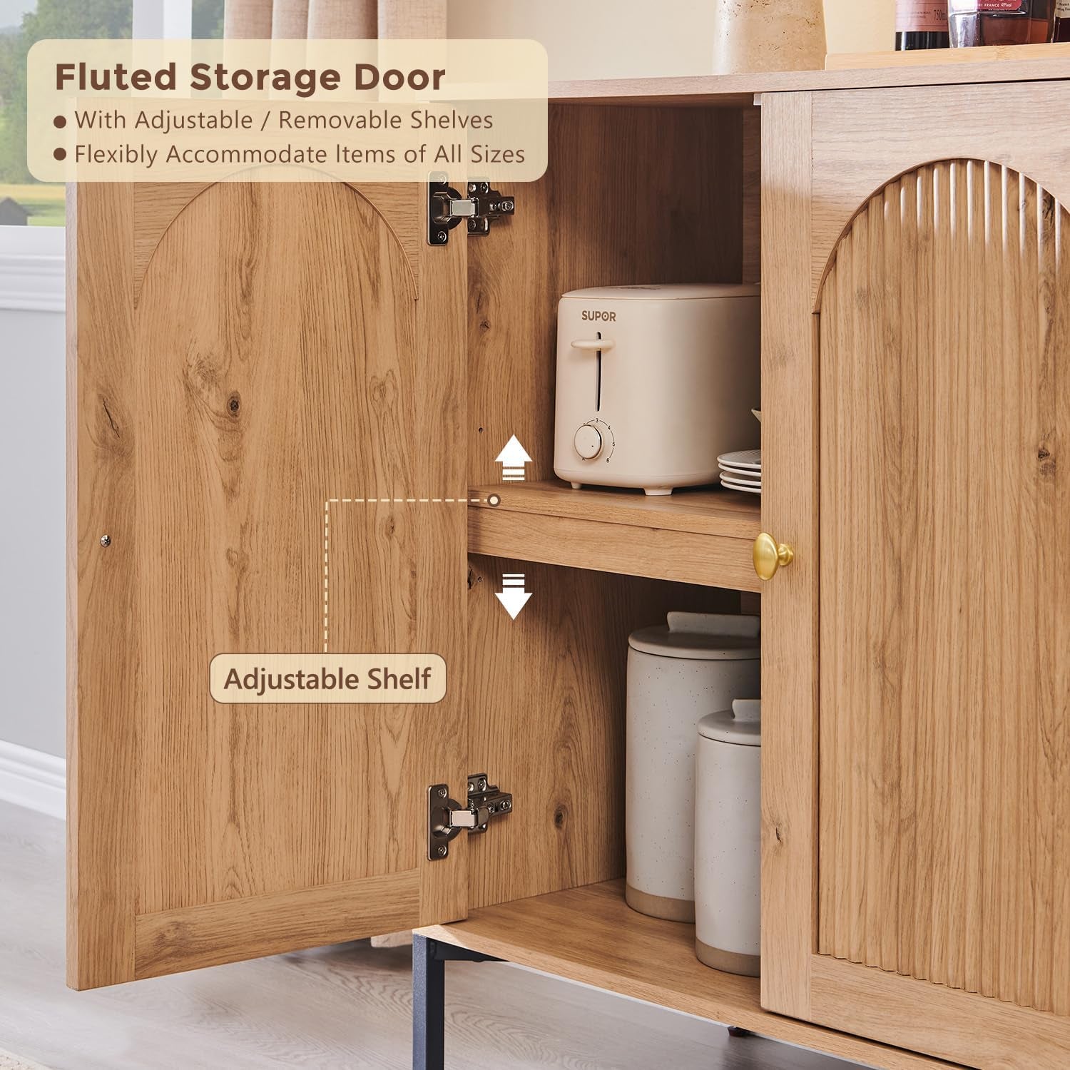 Modern Buffet Cabinet with Storage, 92.63" W Fluted Arched Sideboard Cabinet W/Adjustable Shelves, Wooden Modular Coffee Bar for Dining Room, Kitchen, Living Room, Entryway, Natural