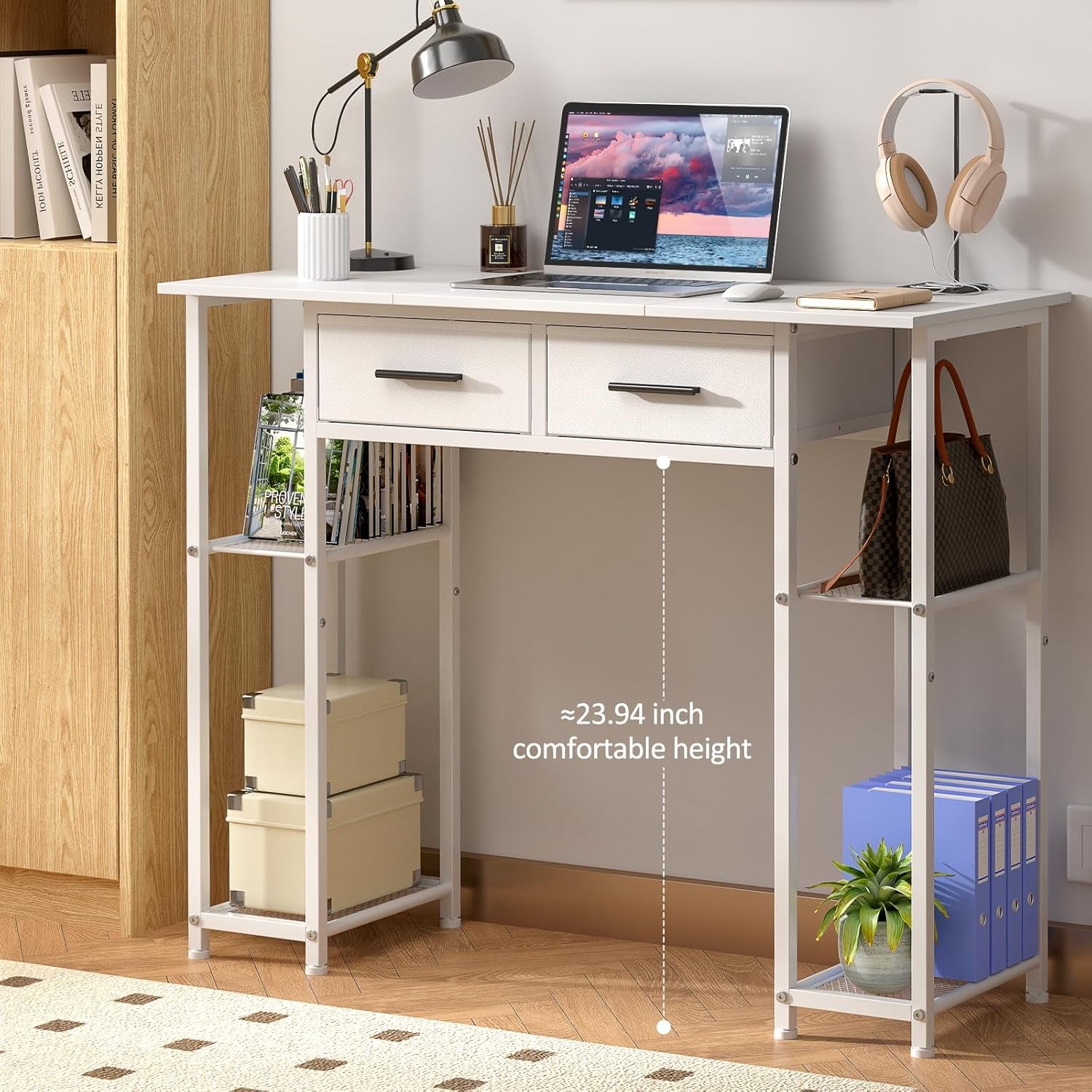 White Computer Desk with Drawers, 37.3 Inch Home Office Work Desk with Storage Shelf, Kids Teens Study Table for Small Space, Small Writing PC Table for Bedroom Makeup Vanity Desk